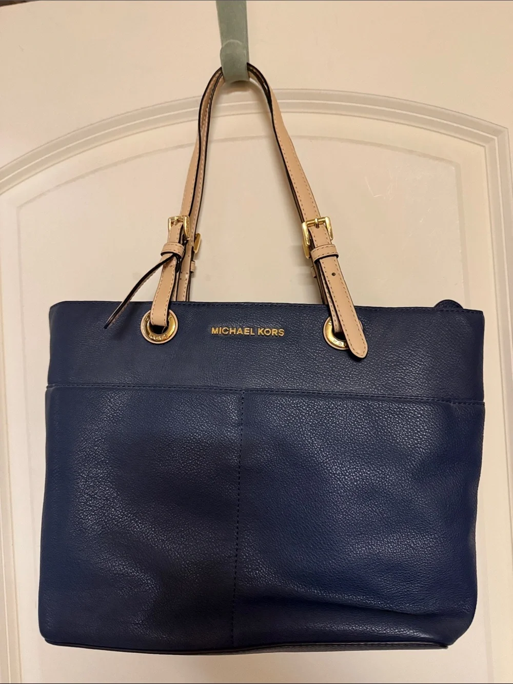 Michael Kors Navy Leather Tote with Beige Straps